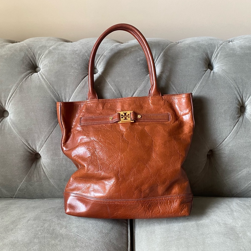 Tory Burch Cognac Brown Leather Tote with Gold Logo